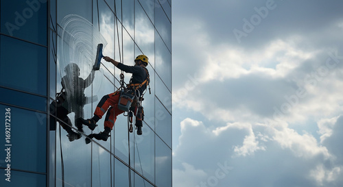 Window Washer Working on a Glass Skyscraper Exterior with Cloudy Sky