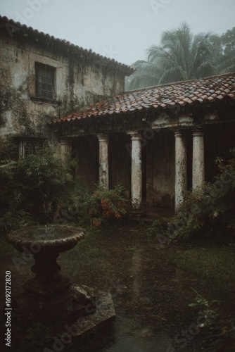 Abandoned courtyard in the rain with old columns and greenery.