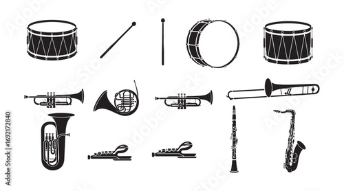drum, separate, stick, parade, band, rhythm, tune, woodwind, noise, vector, trumpet, percussion, symbol, drumstick, bass, straightforward, horn, trombone, emblem, drawing, snare, beat