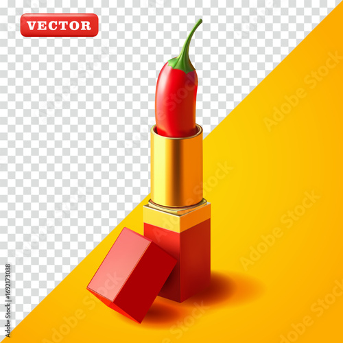 Lipstick containing a chili, 3D vector. Suitable for advertising and food