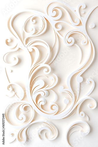 Elegant white ornate baroque scrollwork with delicate floral accents and subtle golden highlights on a clean background