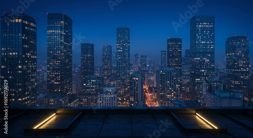 Rooftop view of a city skyline at night with illuminated skyscrapers and glowing lights