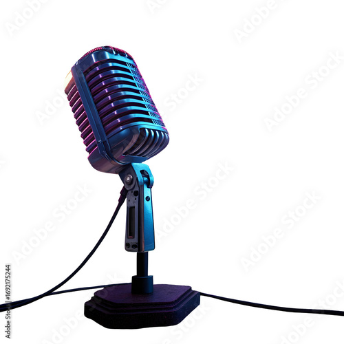 Retro microphone with neon lighting on dark background isolated on a transparent background vintage audio