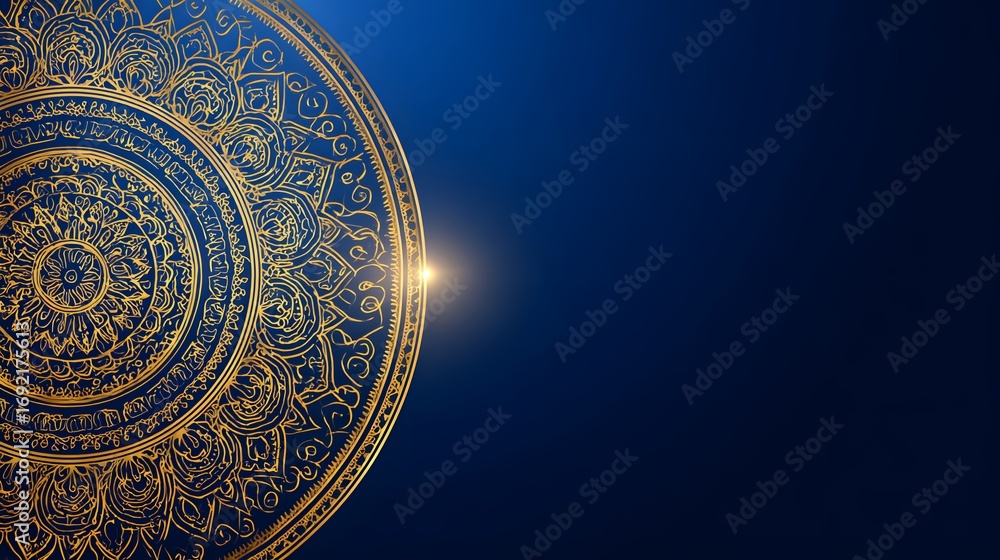 Elegant Gold Mandala Pattern on Deep Blue Background with Light Flare for Cultural or Artistic Design, Golden Mandala