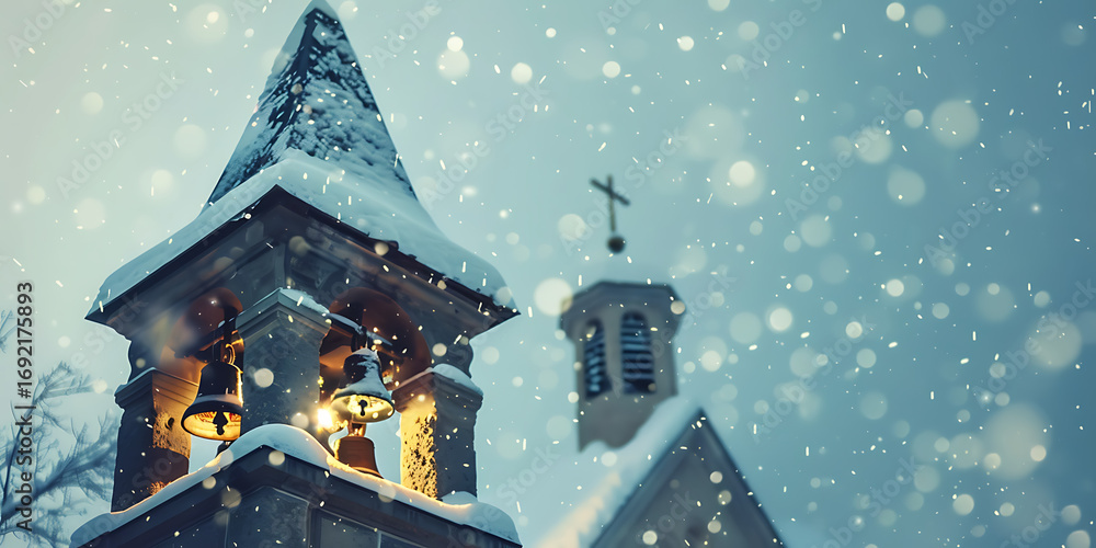 Naklejka premium Snowy church steeple with bells and cross