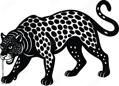 Black and white illustration of a stalking leopard with distinctive spot pattern on white background