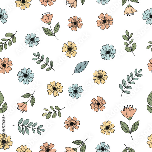 Seamless floral pattern with hand-drawn pastel flowers and leaves on a white background.