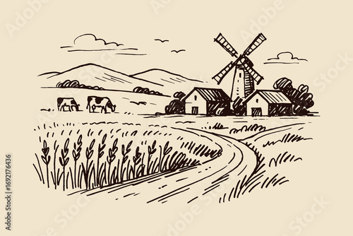 Countryside windmill farm field sketch thick line vector illustration