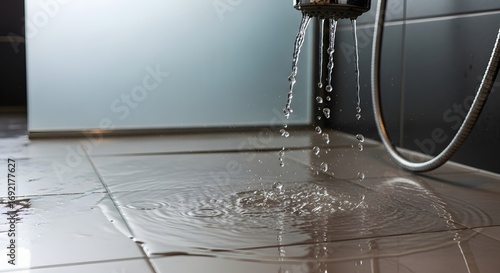 Leaky showerhead dripping water onto bathroom tile floor causing damage and potential flooding
