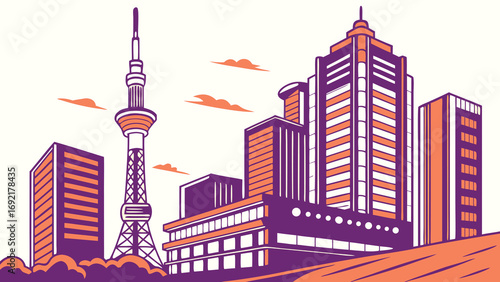 Modern city skyline with towering skyscrapers and iconic observation tower at dusk