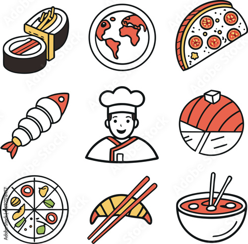 Global culinary delights featuring sushi, pizza, tacos, and a chef illustration