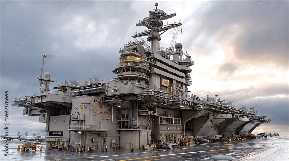 Fototapeta premium Detailed model naval aircraft carrier planes control tower.