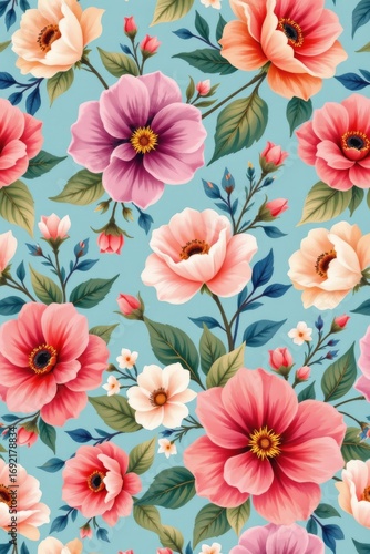 Wallpaper Mural The image features a vibrant floral pattern set against a light blue background Torontodigital.ca