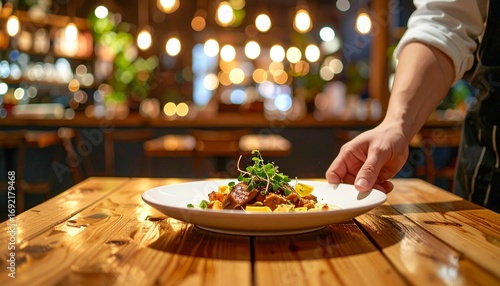 A waiter carefully places a beautifully plated dish with meat and greens on a wooden table in a warmly lit restaurant setting.