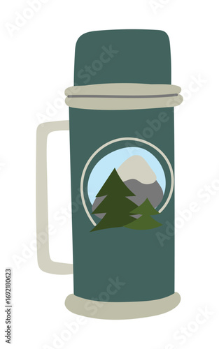 Metal thermos with handle. Flat color insulated illustration. Necessary item for camping. Utensils for keeping liquid warm. Hot tea, water, broth. Design for postcards. Picnics, hiking, camping