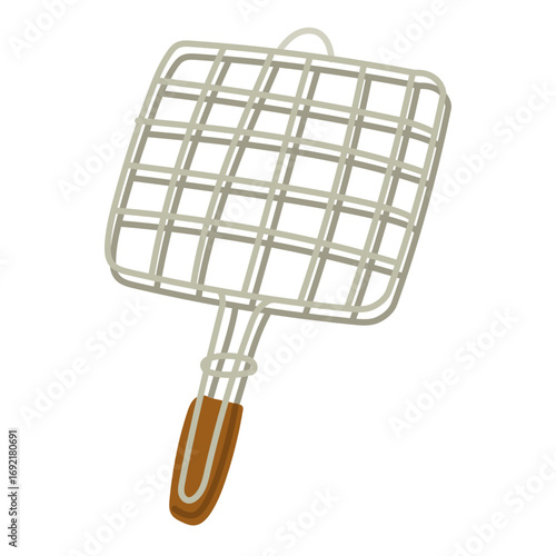 Grid for cooking over campfire. Flat color illustration. Necessary item for camping. Metal grid for grilling food. Meat, vegetables, semi-finished products. Design postcards. Picnics, hikes, camping