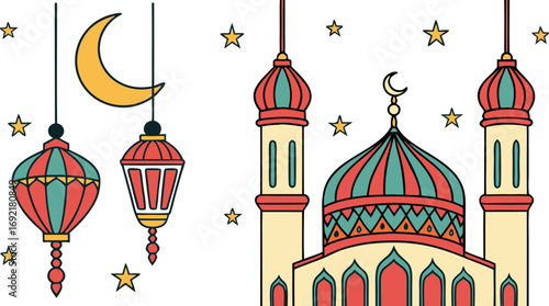 Vibrant Islamic New Year celebration with mosque, lanterns, and crescent moon under starry sky