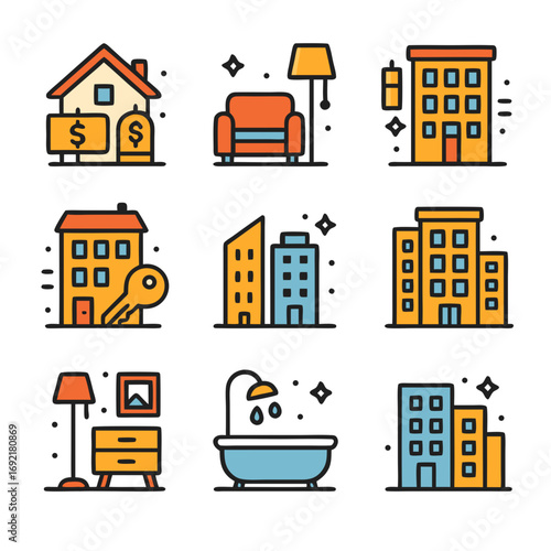 Apartment grid featuring real estate and home icons for diverse living options. Suitable for real estate agencies, property listings, and interior designers.