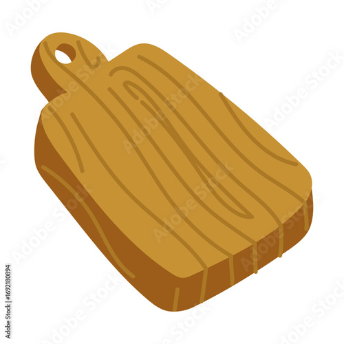 Wooden cutting board. Flat color isolated illustration. Camping utensils. Board for vegetables and meat. Half sideways. Design for postcards. Picnics, hikes, and camping