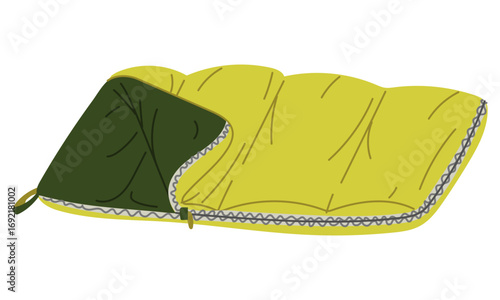 Green fabric open sleeping bag. Flat color isolated illustration. Necessary item for camping. Comfortable, soft item for sleeping in a tent. Blanket. Design for postcards. Picnics, hikes, camping