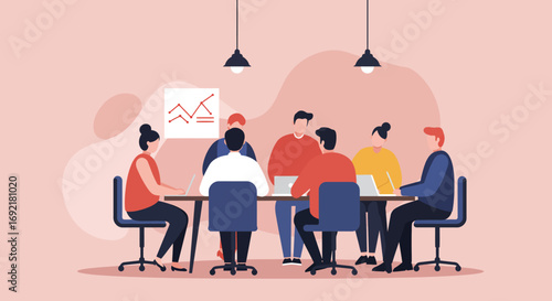 A diverse business team collaborates on strategy and growth in a modern office meeting, discussing data and future plans. Ideal for concepts of teamwork, innovation, and corporate success.