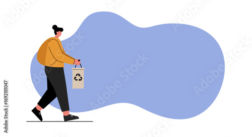Person walking with a reusable bag featuring a recycling symbol, promoting eco-friendly living and sustainable waste management. Ideal for environmental campaigns.
