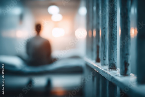 A blurred image of a prisoner sitting on a bed in a jail cell with bars in the foreground, showing confinement and isolation within the justice system, hope or despair.