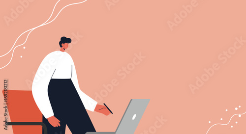 Illustrated person working on a laptop with a stylus, representing remote work, online learning, or creative design in a minimalist setting.