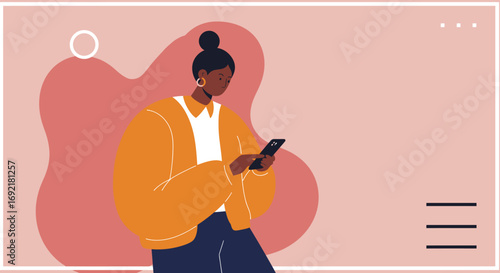 Modern illustration of a woman using a smartphone, symbolizing digital communication, online connectivity, and technology in everyday life or business.