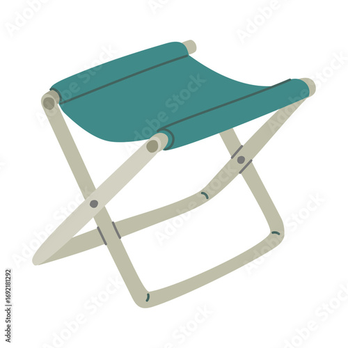Folding chair stool. Flat color illustration. Camping item. Fabric folding chair made of aluminum tubes. Lightweight, comfortable chair for sitting outdoors. Design postcards. Picnics, hikes, camping