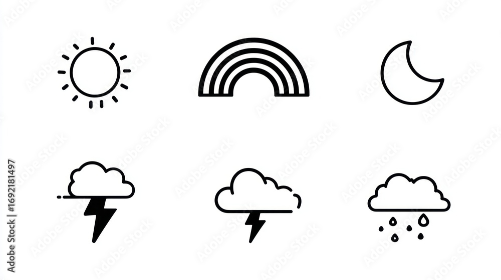 Fototapeta premium Weather icon set, featuring sun, rainbow, crescent moon, and storm cloud variations