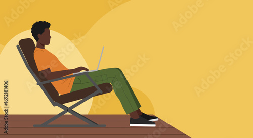 Young man working remotely on a laptop while relaxing in a chair outdoors. Illustrates flexible work, digital nomad lifestyle, and productivity.