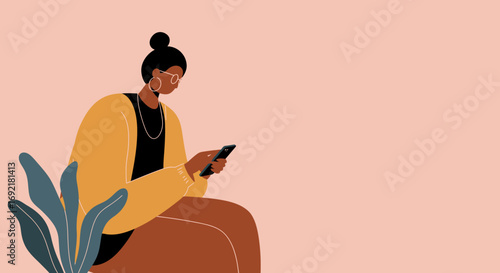 Modern woman using a smartphone for communication or social media, reflecting digital lifestyle and connectivity. Ideal for technology, business, or lifestyle content.