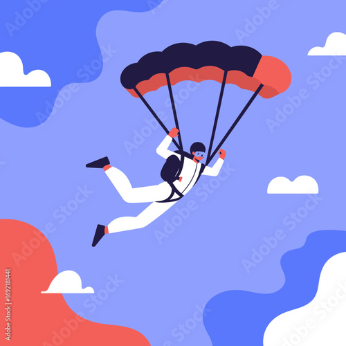 Illustrative depiction of a skydiver enjoying a thrilling parachute descent through the blue sky, symbolizing extreme sports and adventure travel.