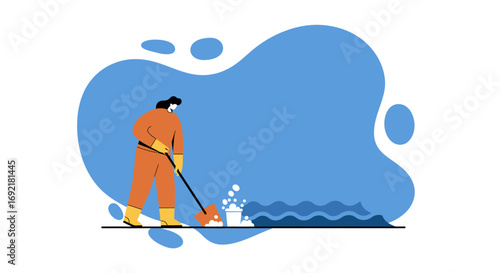 Person in protective gear actively cleans a floor, pushing sudsy water with a broom. Represents hygiene, maintenance, and professional cleaning services.