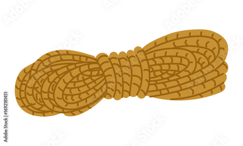 A coil of rope is a harness. A flat colored isolated illustration. An item for camping. A rope wound by hand for bandaging and hanging objects. A design for postcards. Picnics, hikes, and camping