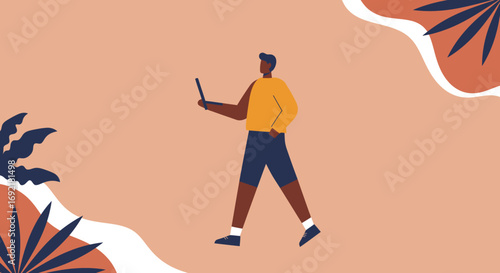 Young man walking with a laptop, embodying modern remote work and a flexible digital lifestyle. Ideal for technology, business, or lifestyle content.
