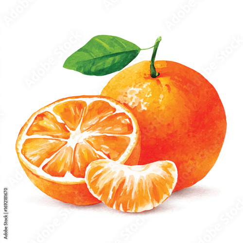 Watercolor Painting of a Mandarin Orange with Leaf and Sliced Segments