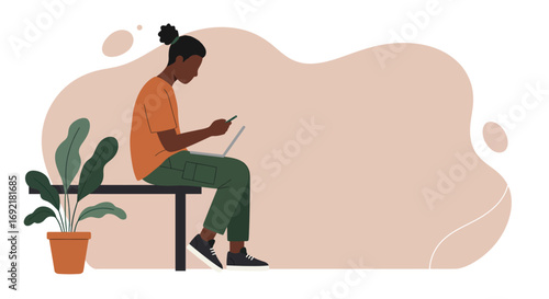 Young person focused on work or study, actively using a laptop and smartphone. Represents modern digital connectivity, remote productivity, and online learning in a casual setting.