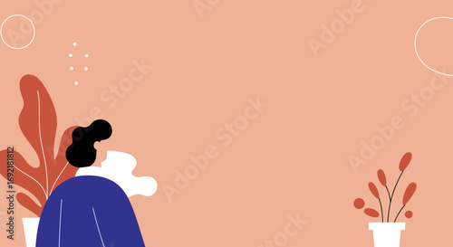 Minimalist illustration of a person surrounded by plants in a peaceful interior, conveying calm, focus, and a modern lifestyle. Perfect for work, study, or relaxation concepts.