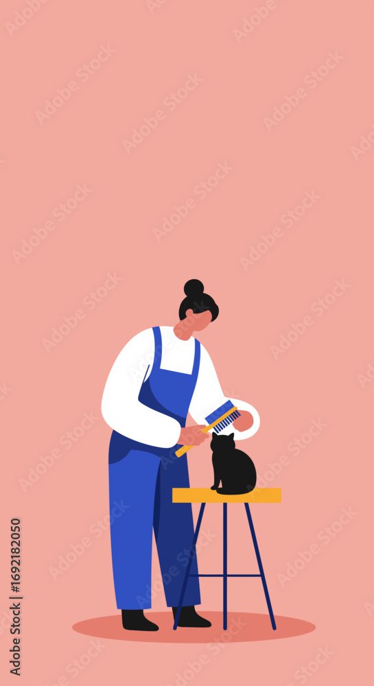 Fototapeta premium Professional pet groomer brushes a black cat on a stool, illustrating dedicated pet care, pampering, and animal welfare. Useful for pet services or lifestyle content.
