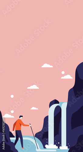 A person explores a tranquil natural landscape with a majestic waterfall and rocky cliffs. Represents adventure, discovery, and the journey through nature.