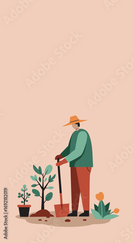 Man in a hat and gloves planting a tree with a shovel, surrounded by young plants and flowers. Represents gardening, environmental care, and sustainable lifestyle.