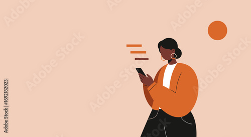 Stylish Black woman interacts with her smartphone, representing digital communication, social media, or mobile technology.