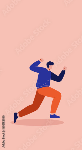 Determined man in a dynamic pose, launching forward with energy. Illustrates concepts of effort, pursuit, and achieving goals in business or personal life.