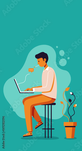 Young man working remotely on a laptop, engaged in online communication. Represents modern business, freelance, and flexible lifestyle concepts.