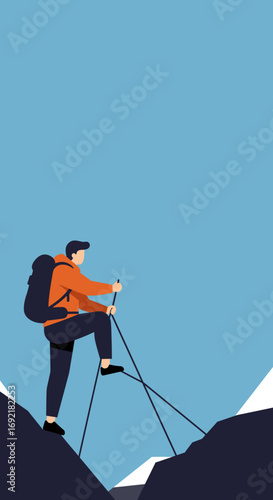 Determined hiker with backpack and poles ascends a mountain peak. Symbolizes adventure, challenge, and achievement. Great for travel, lifestyle, and outdoor activity themes.