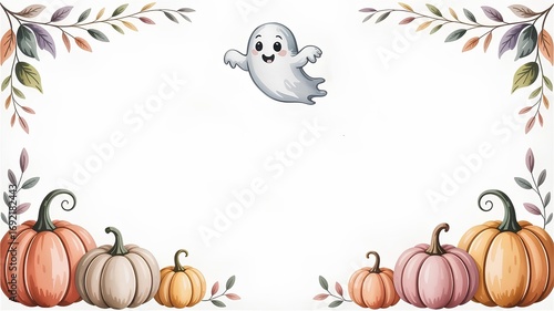  Halloween template, banner, border with watercolor frame featuring pastel pumpkins and a cute ghost on a white background with free space for text