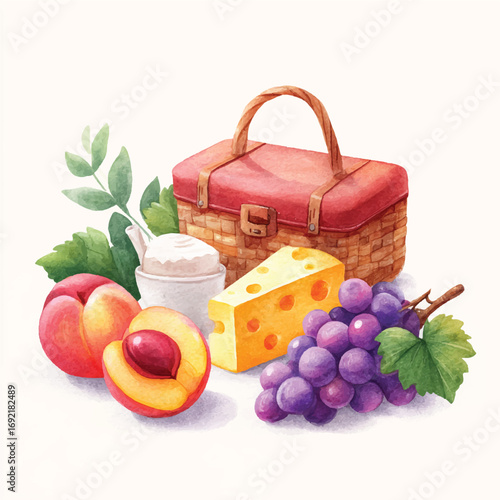 Watercolor Picnic Still Life with Wicker Basket Peaches Cheese Grapes and Cream