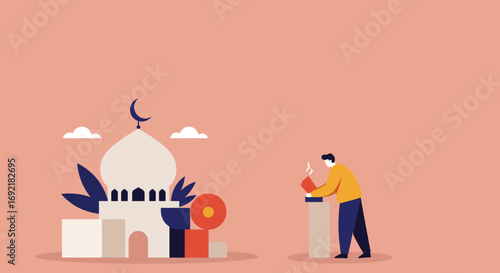 Man engaged in a spiritual ritual or prayer near a stylized mosque, symbolizing devotion, faith, and religious observance for Islamic holidays like Ramadan or Eid.